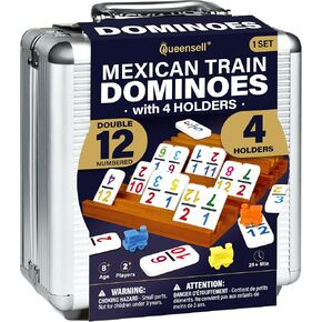 Queensell Mexican Train Dominoes Set with Numbers and 4 Holders - Wooden Hub and Domino Holders - Double 12 with Numbers (D12 Numbers + 4 Holders) in Saudi Arabia