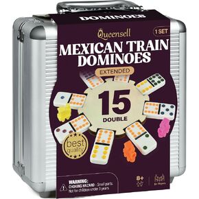 Queensell Mexican Train Dominoes Set Double 15 with 8 Holders - Wooden Hub and Tiles Holders - Double 15 with Dots (D15 + 8 Holders) in Saudi Arabia