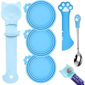 6 PCS Pet Feeding Set | 1 Cat Treat Spoon Squeeze for Cat Strip, 1 Opener Spatula & Stainless Steel Spoon for Pet Wet Food, 3 Silicone Can Covers for Dog Cat Food Canned (Purple) in Kuwait