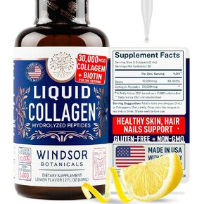 Concentrated Liquid Collagen Peptides Supplement - Hair, Skin, Nail, Joints Support - Sublingual Drops by WINDSOR BOTANICALS - 10,000mcg Collagen, 5,000mcg Biotin - Lemon Flavor - 2-Month - 2 oz in Kuwait