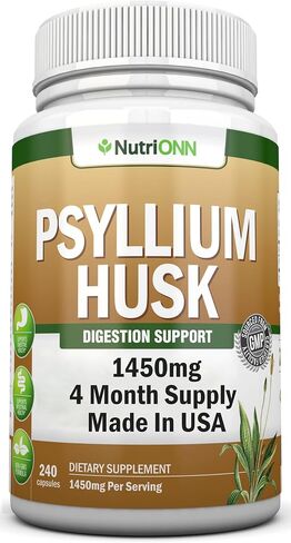 كبسولات قشور السيليوم من NutriONN - 1450 مجم لكل وجبة - 240 كبسولة - قوة مزدوجة - مكمل ألياف سيلليوم ممتاز - رائع للهضم والانتظام - 100% ألياف طبيعية قابلة للذوبان in Kuwait