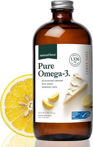 Natural Force Pure Omega 3 - Liquid Fish Oil - Delicious Lemon Cake Flavor - Mercury Free, Wild Caught, Lab Tested - 1,326 mg Triglyceride EPA, DHA, & DPA - 16 Oz Glass Bottle in Kuwait