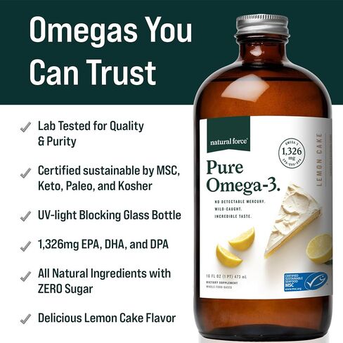 Natural Force Pure Omega 3 - Liquid Fish Oil - Delicious Lemon Cake Flavor - Mercury Free, Wild Caught, Lab Tested - 1,326 mg Triglyceride EPA, DHA, & DPA - 16 Oz Glass Bottle in Kuwait