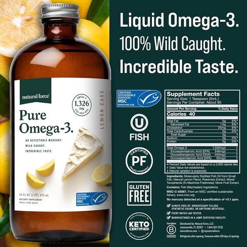 Natural Force Pure Omega 3 - Liquid Fish Oil - Delicious Lemon Cake Flavor - Mercury Free, Wild Caught, Lab Tested - 1,326 mg Triglyceride EPA, DHA, & DPA - 16 Oz Glass Bottle in Kuwait
