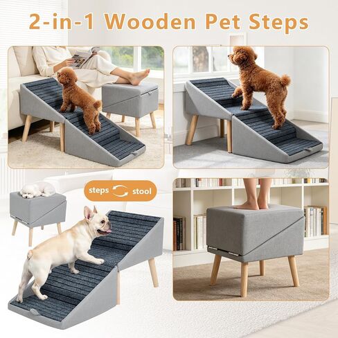 PETWAY Pet Stairs for Small Dogs, 17" H 4‑Step Non‑Slip Dog Ramp for Couch Low Bed 2‑in‑1 Foldable Wooden Pet Stairs & Steps with Split Ottoman Design in Kuwait