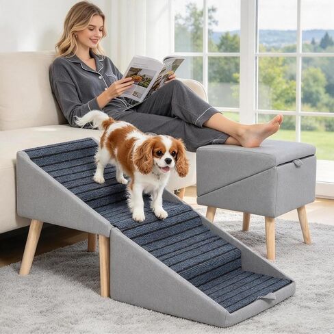 PETWAY Pet Stairs for Small Dogs, 17" H 4‑Step Non‑Slip Dog Ramp for Couch Low Bed 2‑in‑1 Foldable Wooden Pet Stairs & Steps with Split Ottoman Design in Kuwait