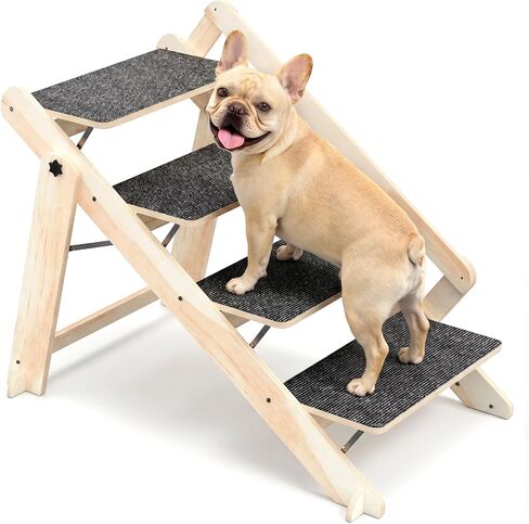Woodure Foldable Dog Stairs, Convertible 4-Step Wooden Dog Ramp, Cat Step for High Bed Couch Car, Anti Slip Puppy Ladder for Small Medium Older Pets in Kuwait