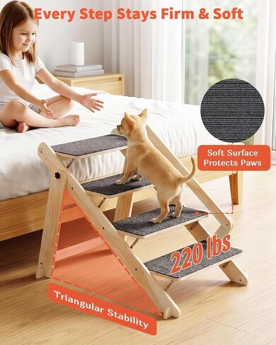 Woodure Foldable Dog Stairs, Convertible 4-Step Wooden Dog Ramp, Cat Step for High Bed Couch Car, Anti Slip Puppy Ladder for Small Medium Older Pets in Kuwait