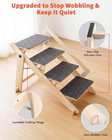 Woodure Foldable Dog Stairs, Convertible 4-Step Wooden Dog Ramp, Cat Step for High Bed Couch Car, Anti Slip Puppy Ladder for Small Medium Older Pets in Kuwait