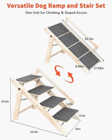 Woodure Foldable Dog Stairs, Convertible 4-Step Wooden Dog Ramp, Cat Step for High Bed Couch Car, Anti Slip Puppy Ladder for Small Medium Older Pets in Kuwait