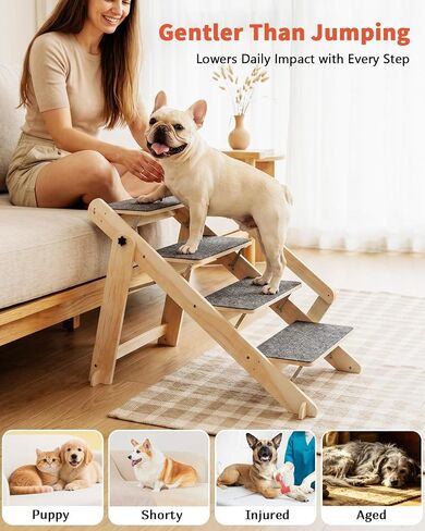 Woodure Foldable Dog Stairs, Convertible 4-Step Wooden Dog Ramp, Cat Step for High Bed Couch Car, Anti Slip Puppy Ladder for Small Medium Older Pets in Kuwait