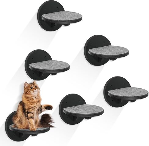 Cat Wall Shelves Furniture Set of 6, Wooden Cat Steps for with Scratching Pad, Sturdy Floating Climber Ladder Stairs, Cats Climbing Wall Systems for Cats Sleep Climb Play in Kuwait