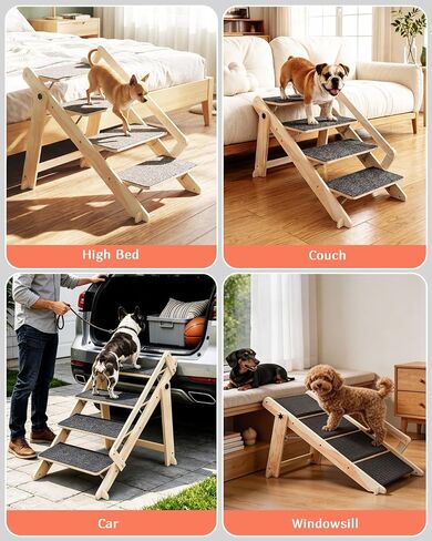 Woodure Foldable Dog Stairs, Convertible 4-Step Wooden Dog Ramp, Cat Step for High Bed Couch Car, Anti Slip Puppy Ladder for Small Medium Older Pets in Kuwait
