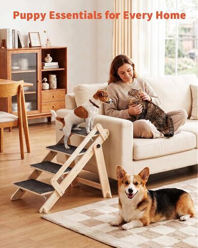 Woodure Foldable Dog Stairs, Convertible 4-Step Wooden Dog Ramp, Cat Step for High Bed Couch Car, Anti Slip Puppy Ladder for Small Medium Older Pets in Kuwait