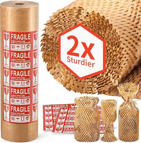JARLINK Honeycomb Packing Paper, 15"x 213' Bubble Packing Wrap for Packing/Shipping/Moving, Eco-Friendly Bubble Packing Paper Wrapping Roll, Recyclable Moving Supplies With 20 Fragile Sticker Labels in Kuwait