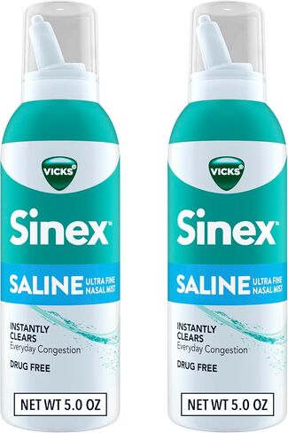 Vicks Sinex Saline Nasal Spray, Drug Free Ultra Fine Mist, Clear Everyday Sinus Congestion Fast, Clear Mucus from a Cold or Allergy, Daily Use 5.0 fl oz x 2 in Kuwait