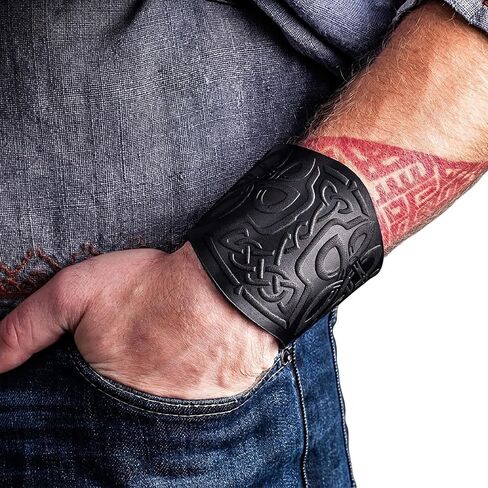 Igdrasil The Tree of Life Black Leather Viking Bracelet for Men - Leather Cuff Bracelets Wristbands - Punk Axe Сuffs Wristband - Size M 6-7 inches 90dc in Kuwait