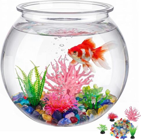 1 Gallon Clear Plastic Fish Bowl Set, Shatterproof Round Aquarium with Colorful Pebbles, 3 Artificial Plants and PVC Coral, Small Betta Fish Tank for Desk, Shelf, Home Decoration in Saudi Arabia
