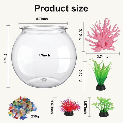 1 Gallon Clear Plastic Fish Bowl Set, Shatterproof Round Aquarium with Colorful Pebbles, 3 Artificial Plants and PVC Coral, Small Betta Fish Tank for Desk, Shelf, Home Decoration in Saudi Arabia