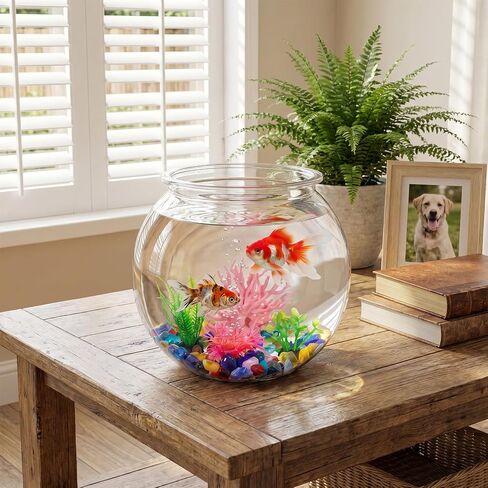 1 Gallon Clear Plastic Fish Bowl Set, Shatterproof Round Aquarium with Colorful Pebbles, 3 Artificial Plants and PVC Coral, Small Betta Fish Tank for Desk, Shelf, Home Decoration in Saudi Arabia
