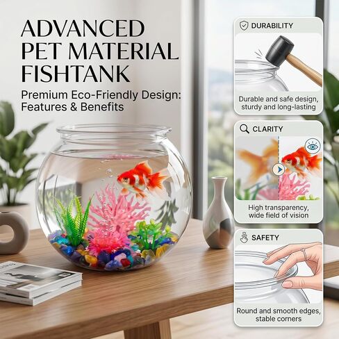 1 Gallon Clear Plastic Fish Bowl Set, Shatterproof Round Aquarium with Colorful Pebbles, 3 Artificial Plants and PVC Coral, Small Betta Fish Tank for Desk, Shelf, Home Decoration in Saudi Arabia