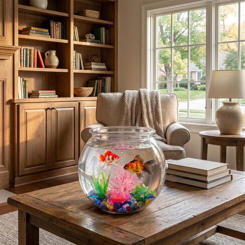 1 Gallon Clear Plastic Fish Bowl Set, Shatterproof Round Aquarium with Colorful Pebbles, 3 Artificial Plants and PVC Coral, Small Betta Fish Tank for Desk, Shelf, Home Decoration in Saudi Arabia