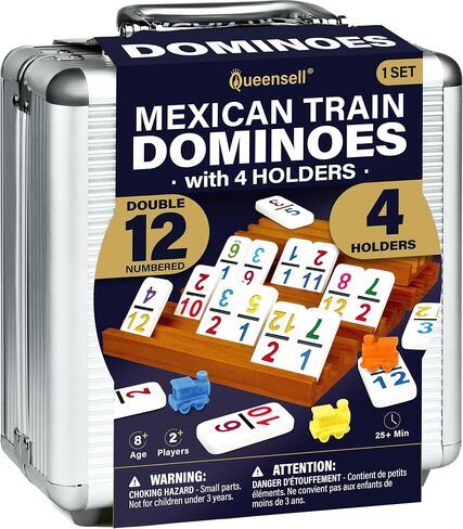 Queensell Mexican Train Dominoes Set with Numbers and 4 Holders - Wooden Hub and Domino Holders - Double 12 with Numbers (D12 Numbers + 4 Holders) in Saudi Arabia