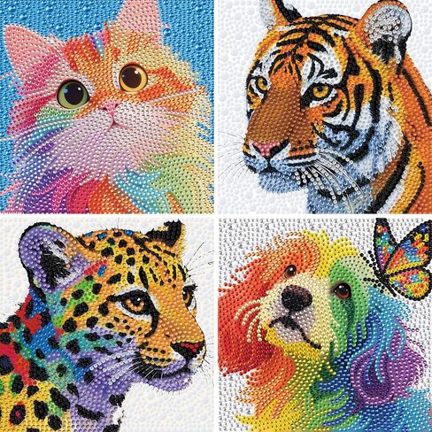 geesfayan 4 Pack Diamond Art Kit for Kids 6 Inch DIY Animal Gem Art with 4 Tools Sets, Gem Painting for Beginners, Creative Craft Gift for Teens & Kids(Tiger Leopard) in Kuwait