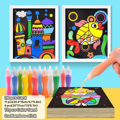 RivanPal Colorful Sand Art Kit Crafts, 26 Different Cartoons with 12 Colorful Sand, Sandblasting, Creative Educational DIY, Painting Art and Crafts in Kuwait