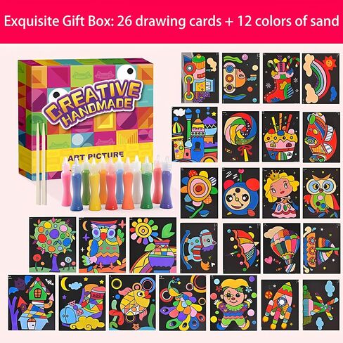 RivanPal Colorful Sand Art Kit Crafts, 26 Different Cartoons with 12 Colorful Sand, Sandblasting, Creative Educational DIY, Painting Art and Crafts in Kuwait