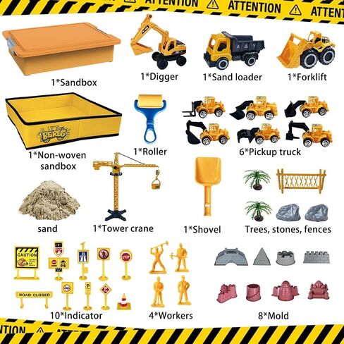 Construction Sensory Sand Kit - 42 PCS Building Set with 2lbs Magic Sand, 9 Construction Trucks, Foldable Roof Sandbox, Cranes, Road Signs & Tools | STEM Gift for Boys Ages 3-8 in Kuwait