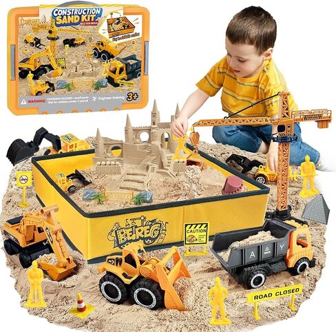 Construction Sensory Sand Kit - 42 PCS Building Set with 2lbs Magic Sand, 9 Construction Trucks, Foldable Roof Sandbox, Cranes, Road Signs & Tools | STEM Gift for Boys Ages 3-8 in Kuwait