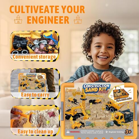 Construction Sensory Sand Kit - 42 PCS Building Set with 2lbs Magic Sand, 9 Construction Trucks, Foldable Roof Sandbox, Cranes, Road Signs & Tools | STEM Gift for Boys Ages 3-8 in Kuwait