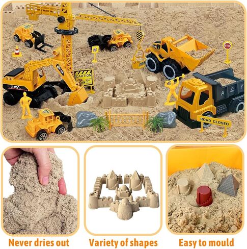 Construction Sensory Sand Kit - 42 PCS Building Set with 2lbs Magic Sand, 9 Construction Trucks, Foldable Roof Sandbox, Cranes, Road Signs & Tools | STEM Gift for Boys Ages 3-8 in Kuwait