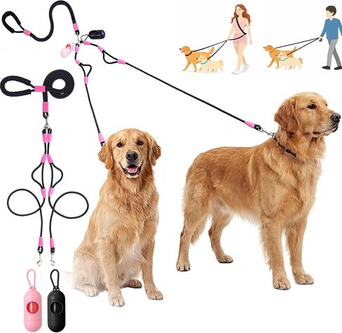 Thinkday Double Dog Leash for 2 Dogs, 5.9 ft No Tangle Dual Dog Leash with 2 Waste Bags, Hands Free Adjustable Crossbody Rope with Padded Handles, No Pull Lead for Small Medium Large Breeds in Kuwait