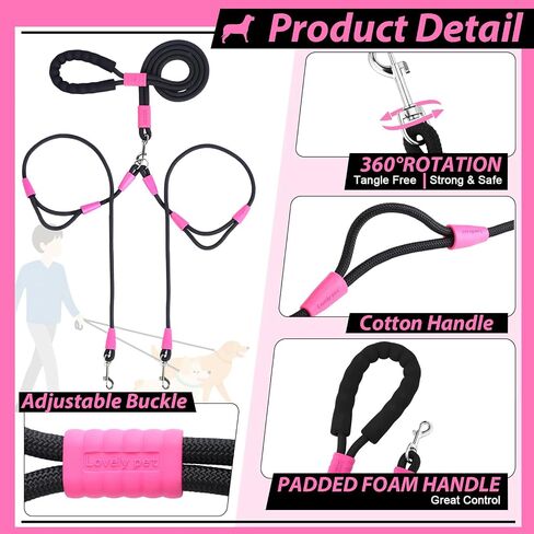 Thinkday Double Dog Leash for 2 Dogs, 5.9 ft No Tangle Dual Dog Leash with 2 Waste Bags, Hands Free Adjustable Crossbody Rope with Padded Handles, No Pull Lead for Small Medium Large Breeds in Kuwait