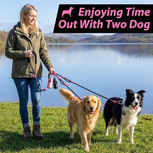 Thinkday Double Dog Leash for 2 Dogs, 5.9 ft No Tangle Dual Dog Leash with 2 Waste Bags, Hands Free Adjustable Crossbody Rope with Padded Handles, No Pull Lead for Small Medium Large Breeds in Kuwait