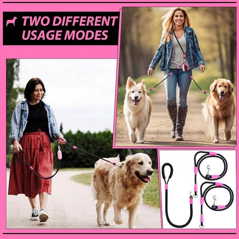 Thinkday Double Dog Leash for 2 Dogs, 5.9 ft No Tangle Dual Dog Leash with 2 Waste Bags, Hands Free Adjustable Crossbody Rope with Padded Handles, No Pull Lead for Small Medium Large Breeds in Kuwait
