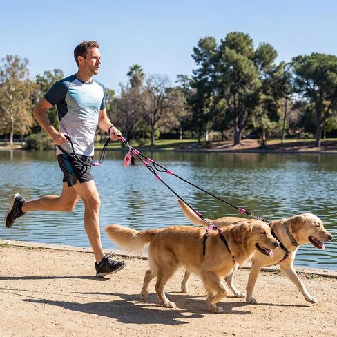 Thinkday Double Dog Leash for 2 Dogs, 5.9 ft No Tangle Dual Dog Leash with 2 Waste Bags, Hands Free Adjustable Crossbody Rope with Padded Handles, No Pull Lead for Small Medium Large Breeds in Kuwait