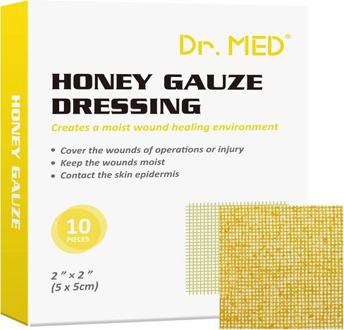 Manuka Honey Gauze Dressing, 2" x 2" (10 PCS/Box) Honey Medical Bandage Wound Care Patch for Minor Abrasions, Cuts, Lacerations, Scald and Burns for Wound Healing, Chemical and Drug Free in Saudi Arabia