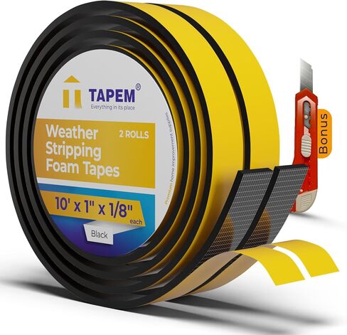TAPEM مانع تسرب الطقس - لفتان مقاس 13 × 1/2 بوصة × 1/4 بوصة لكل منهما - شريط ختم الباب الأبيض - شريط إسفنجي من النيوبرين - شريط عازل ممتاز - عزل رغوي للأبواب والنوافذ والوصول إلى العلية والبوابات! in Kuwait