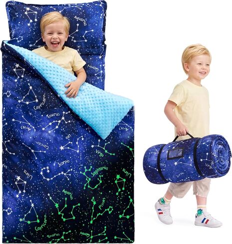 JOIEDOMI Toddler Nap Mat with Removable Pillow and Minky Blanket 55''x35'' Kids Sleeping Bag for Boys and Girls Ages 3-6 Roll Up Soft Nap Mats for Preschool Kindergarten in Saudi Arabia