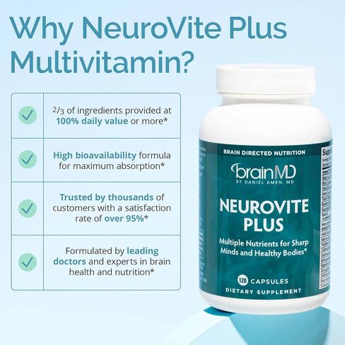 Dr Amen BrainMD NeuroVite Plus - 120 Capsules - Multivitamin & Mineral Supplement, Enhanced with Phytonutrients, Enzymes & Whole Foods - Gluten Free - 30 Servings in Saudi Arabia