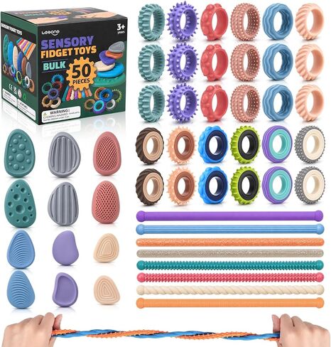LESONG 50 Pack Sensory Fidget Set Bulk - Fidget Stones, Sensory Ring, Finger Spinner Rings, Stretchy Noodles for Stress Kids Adults, Quiet Autism Sensory Toys for Classroom Prizes, Party Favors in Kuwait