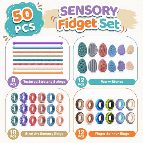LESONG 50 Pack Sensory Fidget Set Bulk - Fidget Stones, Sensory Ring, Finger Spinner Rings, Stretchy Noodles for Stress Kids Adults, Quiet Autism Sensory Toys for Classroom Prizes, Party Favors in Kuwait