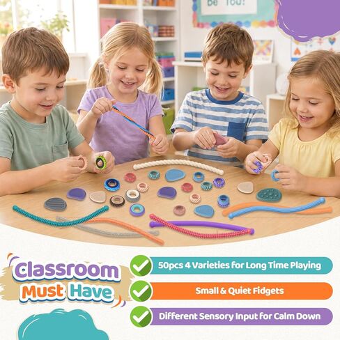 LESONG 50 Pack Sensory Fidget Set Bulk - Fidget Stones, Sensory Ring, Finger Spinner Rings, Stretchy Noodles for Stress Kids Adults, Quiet Autism Sensory Toys for Classroom Prizes, Party Favors in Kuwait