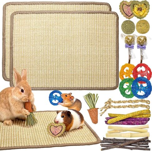 LECHONG Rabbit Toys, Natural Bunny Chew Toys with Sisal Scratch Nesting Mats Pads, Enrichment Toys for Bunnies Boredom, Suitable for Rabbits, Guinea Pigs, Chinchilla Hutch Cage Indoor Outdoor Use in Saudi Arabia