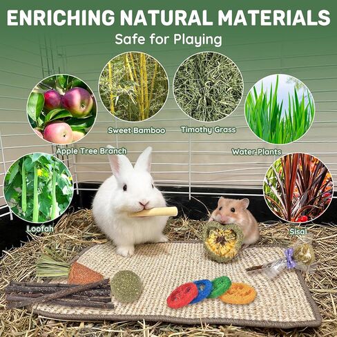 LECHONG Rabbit Toys, Natural Bunny Chew Toys with Sisal Scratch Nesting Mats Pads, Enrichment Toys for Bunnies Boredom, Suitable for Rabbits, Guinea Pigs, Chinchilla Hutch Cage Indoor Outdoor Use in Saudi Arabia