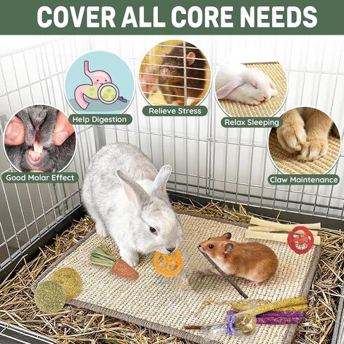 LECHONG Rabbit Toys, Natural Bunny Chew Toys with Sisal Scratch Nesting Mats Pads, Enrichment Toys for Bunnies Boredom, Suitable for Rabbits, Guinea Pigs, Chinchilla Hutch Cage Indoor Outdoor Use in Saudi Arabia