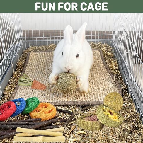 LECHONG Rabbit Toys, Natural Bunny Chew Toys with Sisal Scratch Nesting Mats Pads, Enrichment Toys for Bunnies Boredom, Suitable for Rabbits, Guinea Pigs, Chinchilla Hutch Cage Indoor Outdoor Use in Saudi Arabia